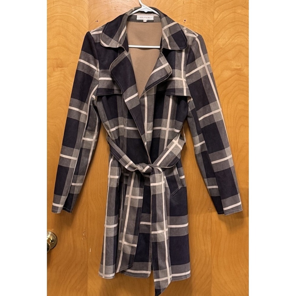 Solitaire Anthropologie Belted Trench Coat Plaid Faux Suede Pockets Size M